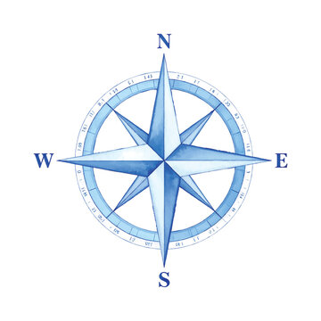 Blue watercolor compass rose with directional pointers and degree marks, nautical symbol on transparent background vector