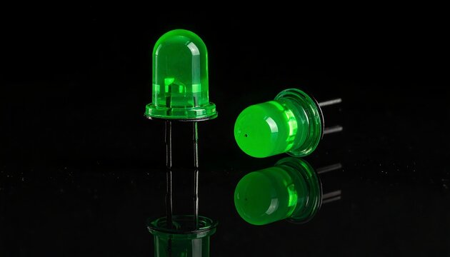 Close-up studio shot of two green light-emitting diodes (LEDs) with visible internal components. One stands while the other lies