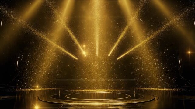 Golden sparkling stage lights and glitter particles with reflective floor for event and celebration background
