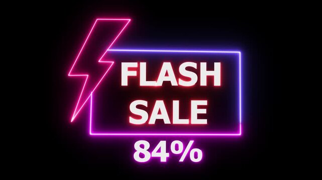 Neon flash sale banner with lightning bolt and 84 percent discount glowing pink and purple on black background for ecommerce marketing