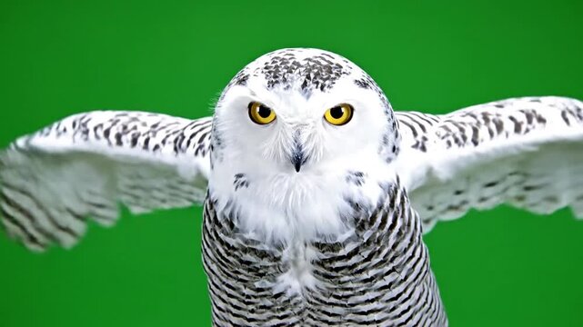 A majestic snowy owl with bright yellow eyes and outstretched wings against a vibrant green background, captured in a detailed front-facing portrait.