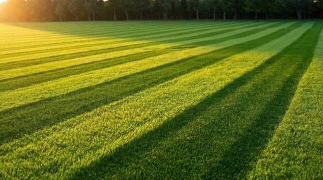 Freshly mowed green grass field with alternating light and dark stripes under warm golden hour sunlight, extending towards a distant line of trees.