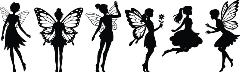 Silhouettes of five fairies with butterfly wings in various poses on a white background fairy black