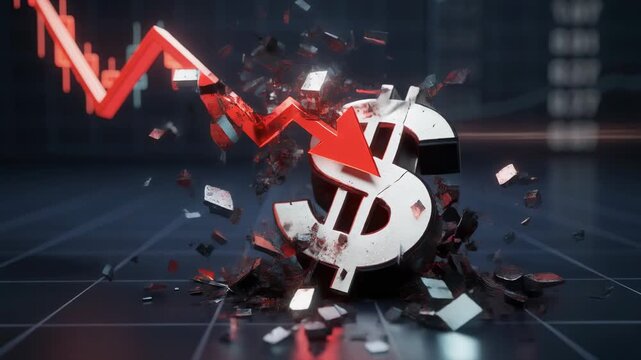 Falling Bitcoin value crashing down with red arrow and shattered digital currency concept