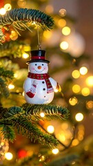 Obraz premium A close-up of a snowman ornament on a Christmas tree