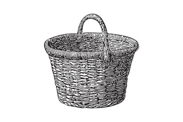 Obraz premium Woven wicker basket with handle, vintage style illustration, transparent vector