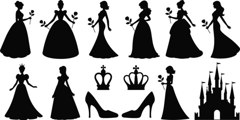 Silhouettes of princesses in fairy tale dresses holding roses with crowns heels and a castle © Hey there