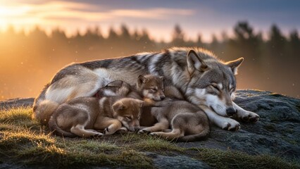 Fototapeta premium Wolf and Cubs Resting Together at Sunset.
