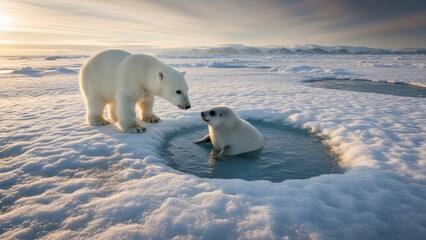 Polar bears on icy landscape at sunrise.