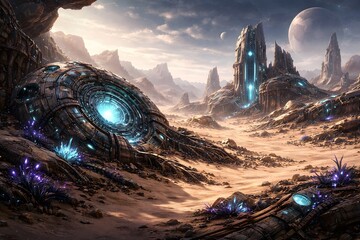 Ancient Alien Spaceship Wreckage on a Desolate Alien Planet with Mysterious Glowing Flora and Structures