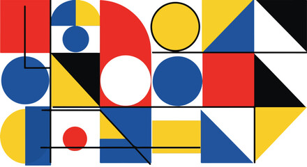 Bauhaus Style Abstract Geometric Background with Circles Triangles and Squares in Primary Colors