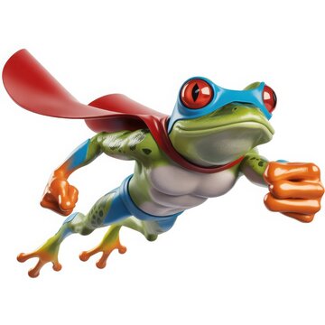 Superhero frog with cape flying through the air in a playful pose