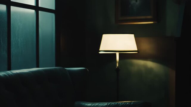Dark interior creating a solitary mood, featuring an empty tufted leather sofa in the foreground with a glowing floor lamp in the background providing ambient light