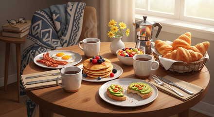 Fototapeta premium Delicious breakfast setting with pancakes and pastries on a wooden table.