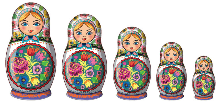 Five Traditional Russian Matryoshka Nesting Dolls in a Row