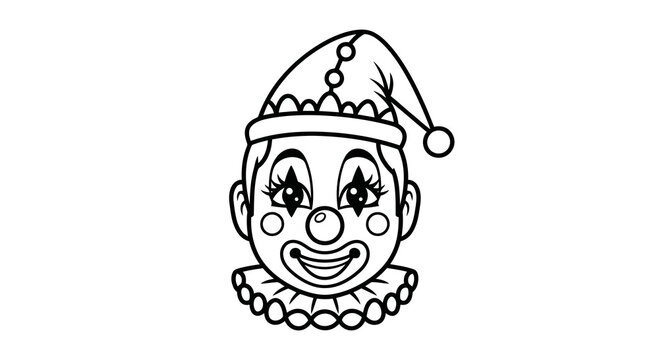 A simple black and white line drawing of a clown's face with a jester's hat.