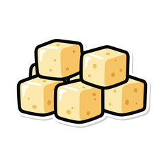 A stack of five cheese cubes with holes on a plain white background viewed from the front