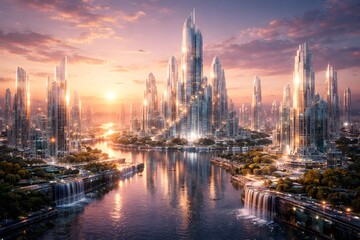 Fototapeta premium Futuristic city skyline with towering crystalline skyscrapers illuminated by a golden sunset over a tranquil river.