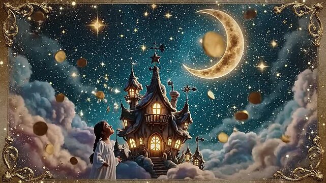 Whimsical fantasy house floating among clouds under a starry night sky with crescent moon.