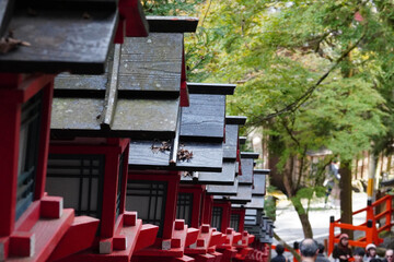 京都貴船神社の参道の朱塗りの灯籠