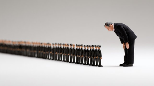 Leader Bowing to Miniature Figures: Symbol of Respect and Authority in Corporate Culture