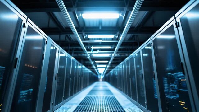 Server racks with blinking lights line the long aisle of a cutting edge data center, representing advanced technology, digital storage, and cloud computing infrastructure