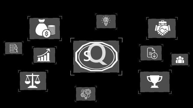 animated Trademark protection and legal compliance with SQL icon, law, patent check, intellectual property rights, and branding regulation enforcement Marrow animation on the drack background