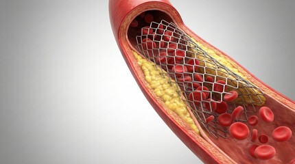 Fototapeta premium Close-up illustration of a stent being deployed within a narrowed artery, showing plaque buildup and red blood cells.