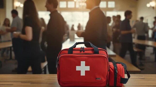 Two red first aid kits are displayed in the foreground on a wooden table. In the blurred background, a group of people are mingling in what appears to be a large room.