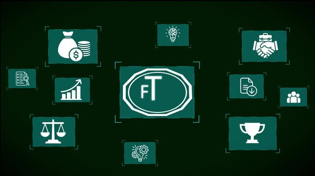 animated Trademark protection and legal compliance with FTR icon,  law, patent check, intellectual property rights, and branding regulation enforcement Marrow animation on the drack background