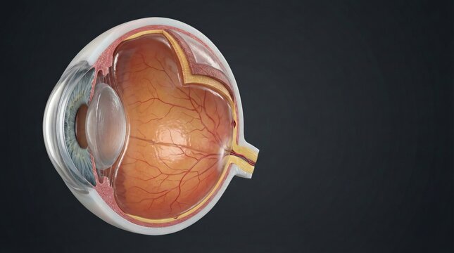 Detailed anatomical cross-section of the human eye, illustrating internal structures such as the lens, retina, and optic nerve, against a dark background.