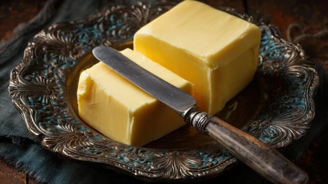 Two blocks of fresh butter on a plate, ready for cutting with a knife
