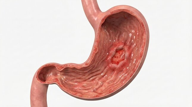 Anatomical illustration of a human stomach showing a gastric ulcer on its inner lining.