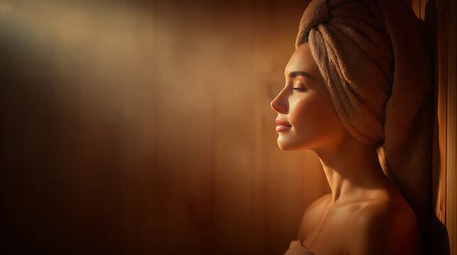 Woman towel spa sauna relaxation warm light steam wooden wall peaceful face wellness self care beauty ritual calm mood in quiet room