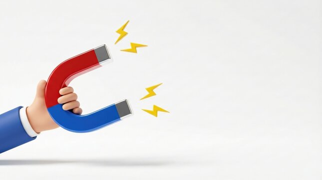 A hand holding a horseshoe magnet with yellow lightning bolts indicating magnetic force on a white background.