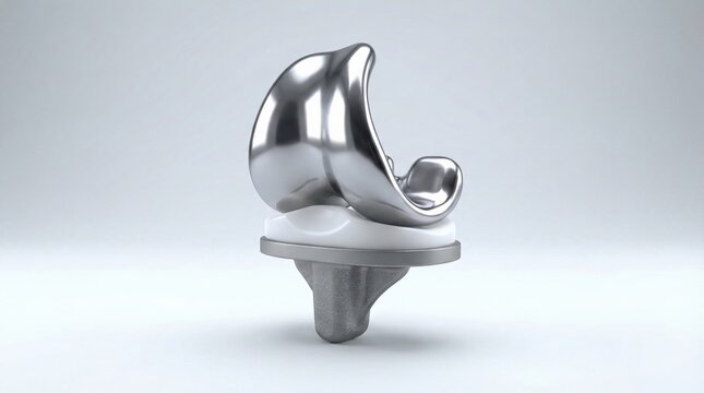 A highly polished, modern prosthetic knee implant made of metal and plastic, presented against a clean, neutral background.