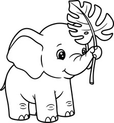 Obraz premium Cute Cartoon Elephant Holding Leaf in Black and White Line Drawing for Children's Education and Coloring