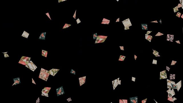 Japanese Yuzen Origami Confetti Falling on Transparent Background (Alpha Channel)
友禅柄の四角い折り紙が舞い散るアルファチャンネル付き和風コンフェッティ素材