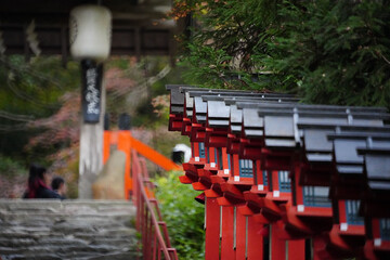 京都貴船神社の参道の朱塗りの灯籠