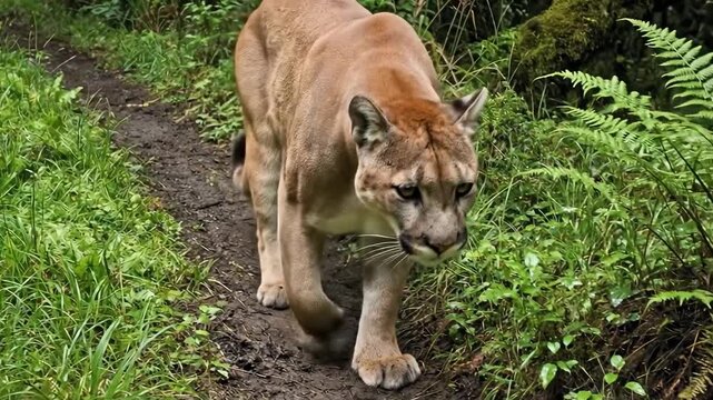 A cougar walks along a dirt path through a lush, green forest. The cougar is a light brown color and is facing towards the viewer.