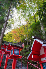 京都貴船神社の参道の朱塗りの灯籠