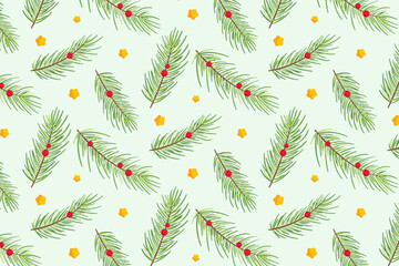 Seamless Christmas Pine Branch Pattern with Red Berries and Gold Stars