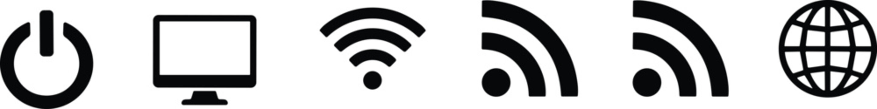 Minimalist black and white vector icon set featuring power button, computer monitor, wifi signal, RSS feed, and global internet web symbols for technology.