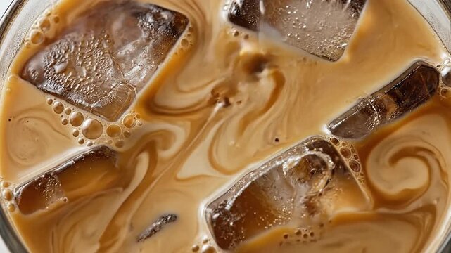 Cream swirls into iced coffee with creating mesmerizing patterns and refreshment.