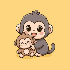 A cute vector illustration of a happy little monkey hugging a monkey doll with a warm and cheerful expression. © Andri