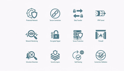 Vector icon set for network security, data protection, digital safety, and secure online operations