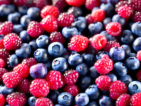 Fresh blueberries and raspberries with healthy food background.