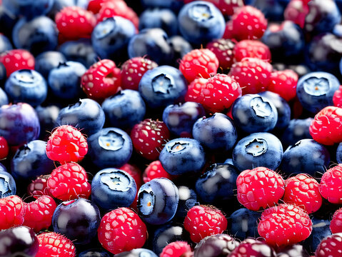 Fresh blueberries and raspberries with healthy food background.