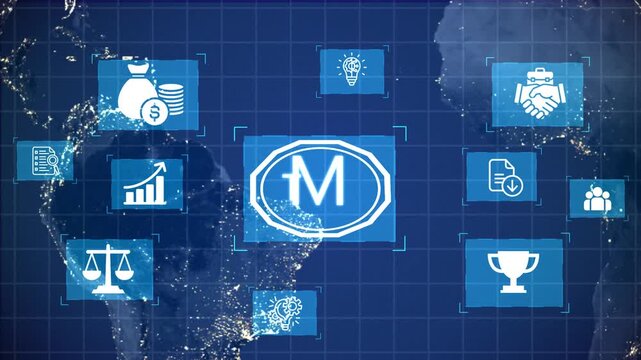 animated Trademark protection and legal compliance with TMP icon, copyright , patent check, intellectual property rights, and branding regulation enforcement Marrow animation on the drack background