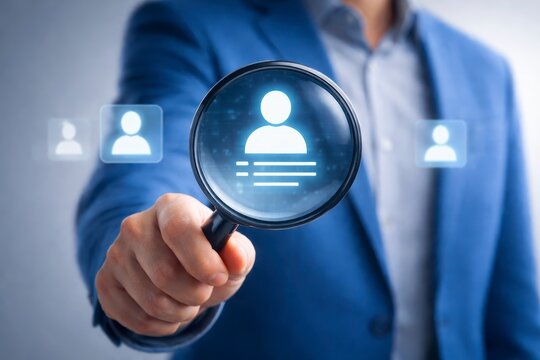 Businessman holding magnifying glass with glowing user profile icon and searching for information  concept of data analysis and online search JPG image